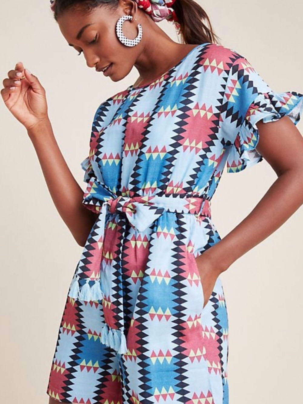 Anthropologie KOPAL hand-made Geometric Print Belted Romper Size M